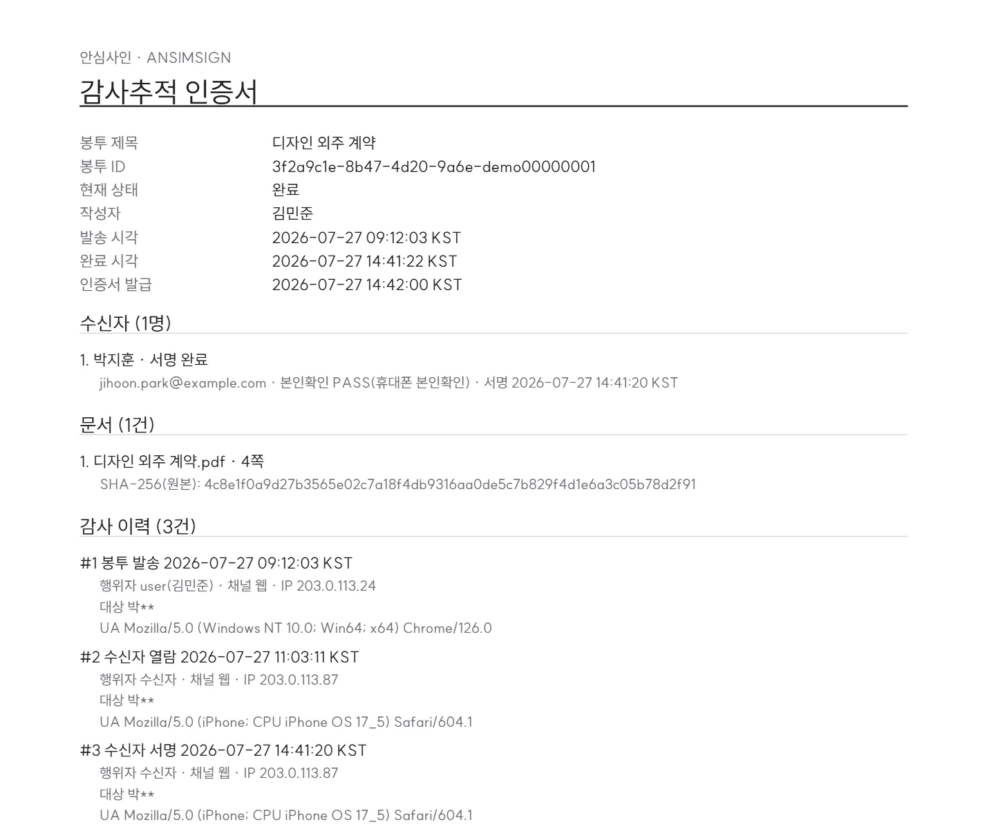 안심사인 감사추적 인증서 — 봉투 정보·수신자 본인확인·문서 SHA-256 지문·감사 이력