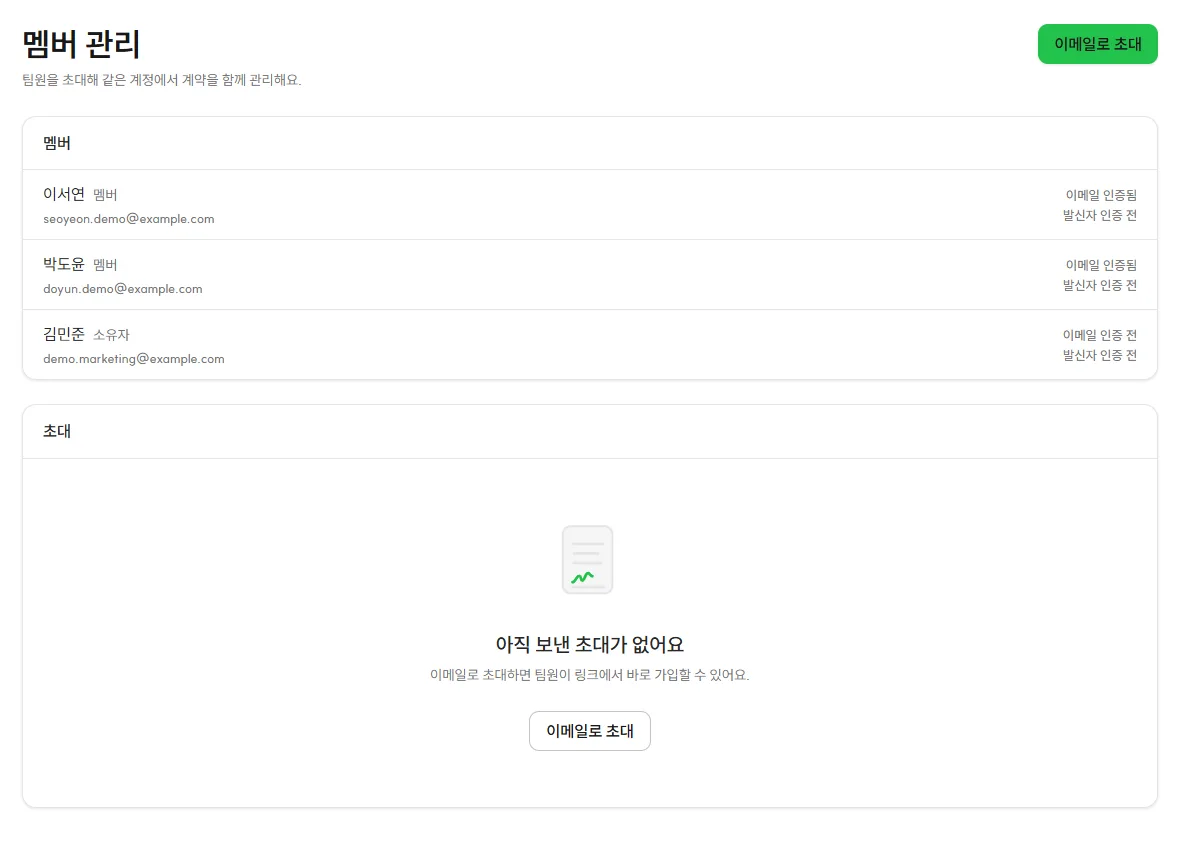 멤버 관리 화면 — 팀원 목록과 이메일 초대